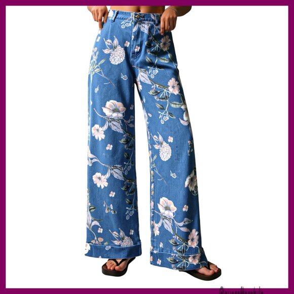 Women's Floral Baggy Wide Leg Jeans High Waisted Vintage Denim Pants - Picture 1 of 7